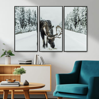 13316292-MGV-CV-36X24-Moose in Snow Wall Art Canvas Print, Framed Winter Wildlife Art Picture Print, Snowy Forest Scene Perfect Rustic Lodge Decor
