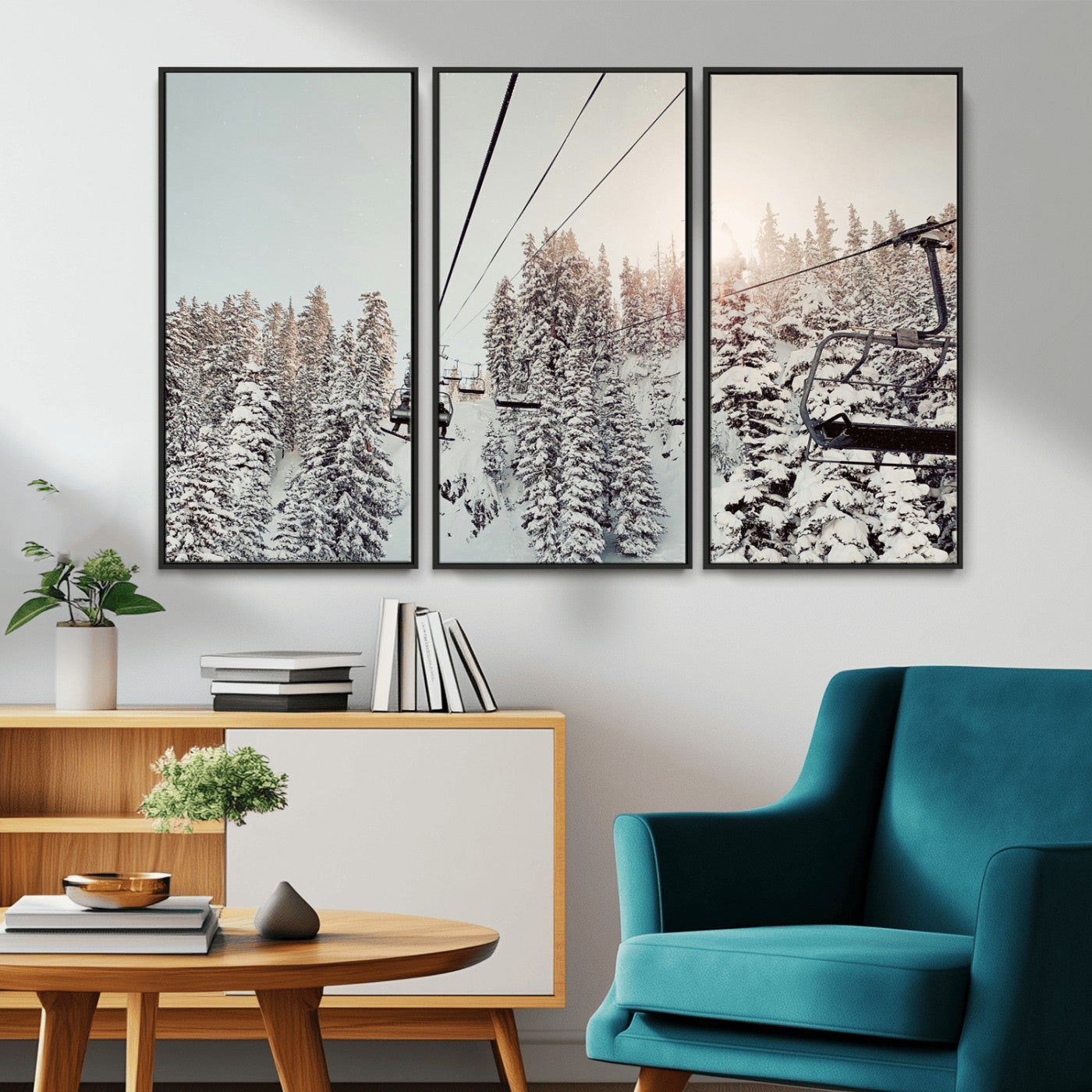 91534512-MGV-CV-36X24-Frosty Pines Wall Art Canvas Print, Framed Cozy Cabin View Art Picture Print, Ski Lift Ride Perfect Rustic Lodge Decor Artwork