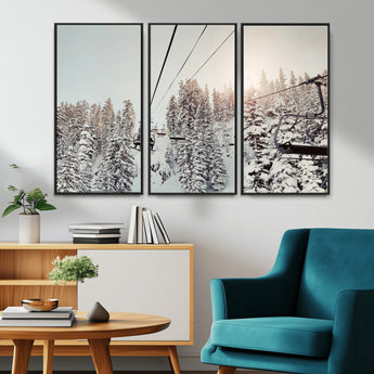 91534512-MGV-CV-36X24-Frosty Pines Wall Art Canvas Print, Framed Cozy Cabin View Art Picture Print, Ski Lift Ride Perfect Rustic Lodge Decor Artwork