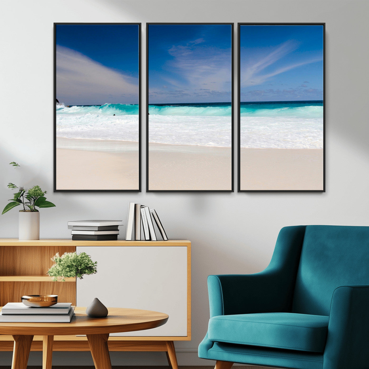 55017356-MGV-CV-36X24-Ocean Beach Wall Art – Turquoise Wave and White Sand Shoreline Canvas Print, Coastal Seascape Photography Decor for Living Room,