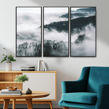 67569654-MGV-CV-36X24-Foggy Forest Wall Art – Mist Covered Hills and Trees Landscape Canvas Print, Moody Nature Photography Decor for Living Room,