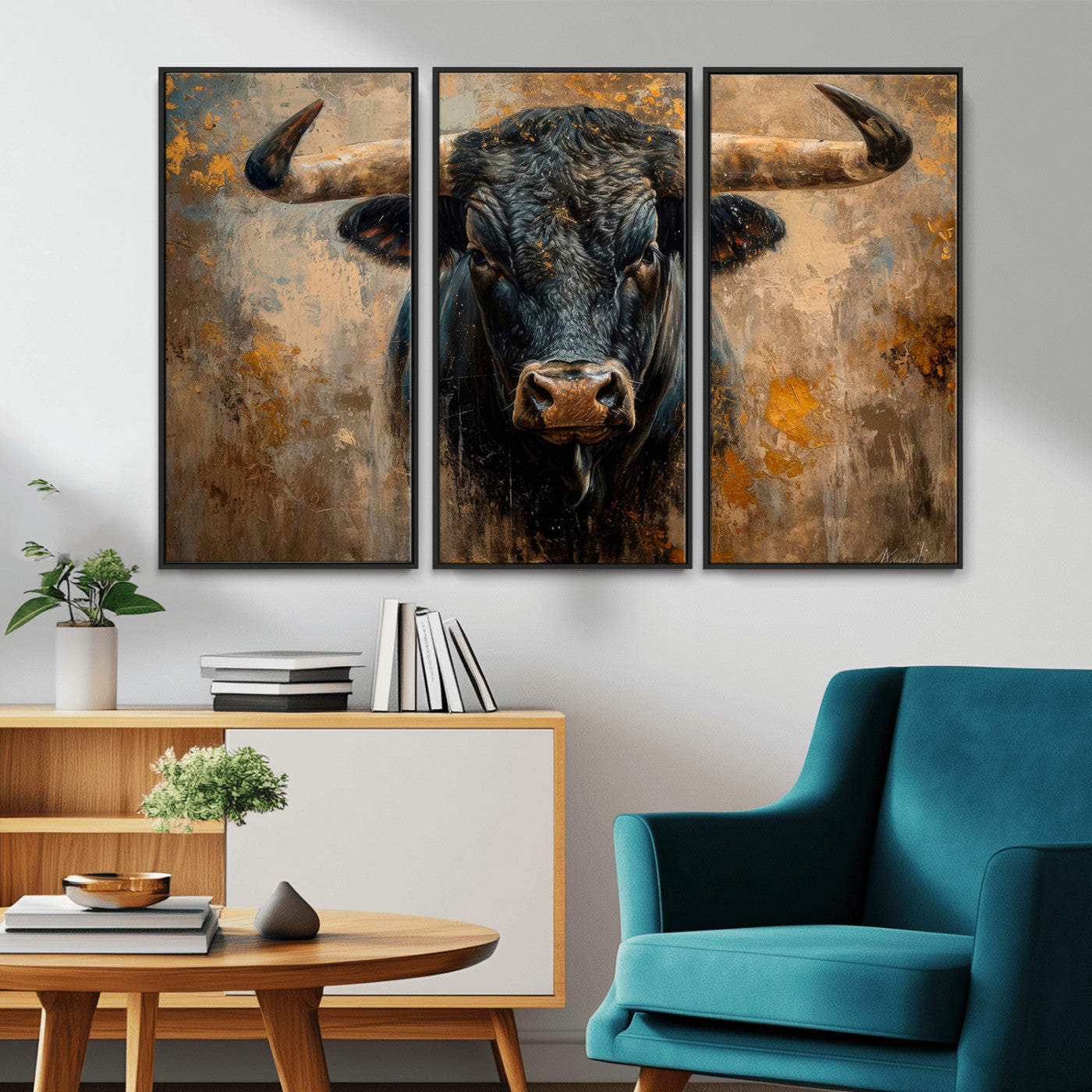 91615410-MGV-CV-36X24-Bull Wall Art – Rustic Western Longhorn Canvas Print, Powerful Abstract Animal Painting, Farmhouse Ranch Decor for Living Room,