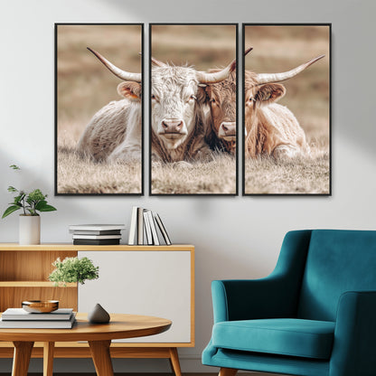 38651722-MGV-CV-36X24-Cow Wall Art – Rustic Longhorn Pair Canvas Print, Western Farmhouse Animal Painting, Country Ranch Decor for Living Room, Bedroom,