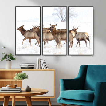 41416314-MGV-CV-36X24-Elk Wall Art – Wildlife Herd Canvas Print in Snowy Landscape, Rustic Nature Painting, Western Cabin Lodge Decor for Living Room,