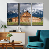 15173627-MGV-CV-36X24-Barn Wall Art – Rustic Wooden Cabin Canvas Print with Snowy Mountain Landscape, Western Farmhouse Country Decor for Living Room,