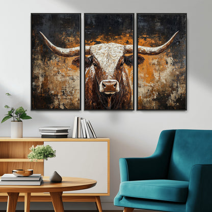 25265572-MGV-CV-36X24-Longhorn Bull Wall Art – Rustic Western Texas Steer Canvas Print, Textured Animal Painting for Home, Office, Man Cave or Farmhouse