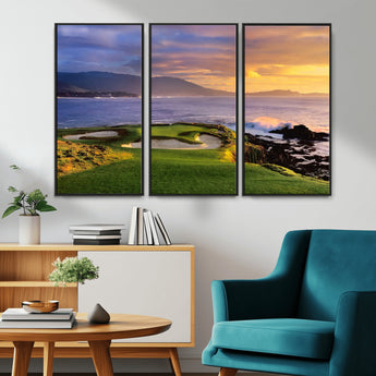 39644075-MGV-CV-36X24-Golf Course Wall Art – Coastal Sunset Canvas Print, Scenic Oceanfront Fairway Landscape Decor for Office, Man Cave, or Living Room