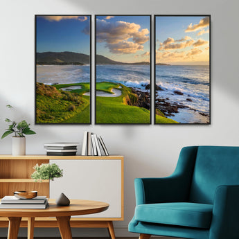 50107048-MGV-FC-48X32-3P_Black-Golf Course Wall Art – Coastal Ocean View Canvas Print, Scenic Fairway Landscape Decor for Office, Man Cave, Bedroom, or Living