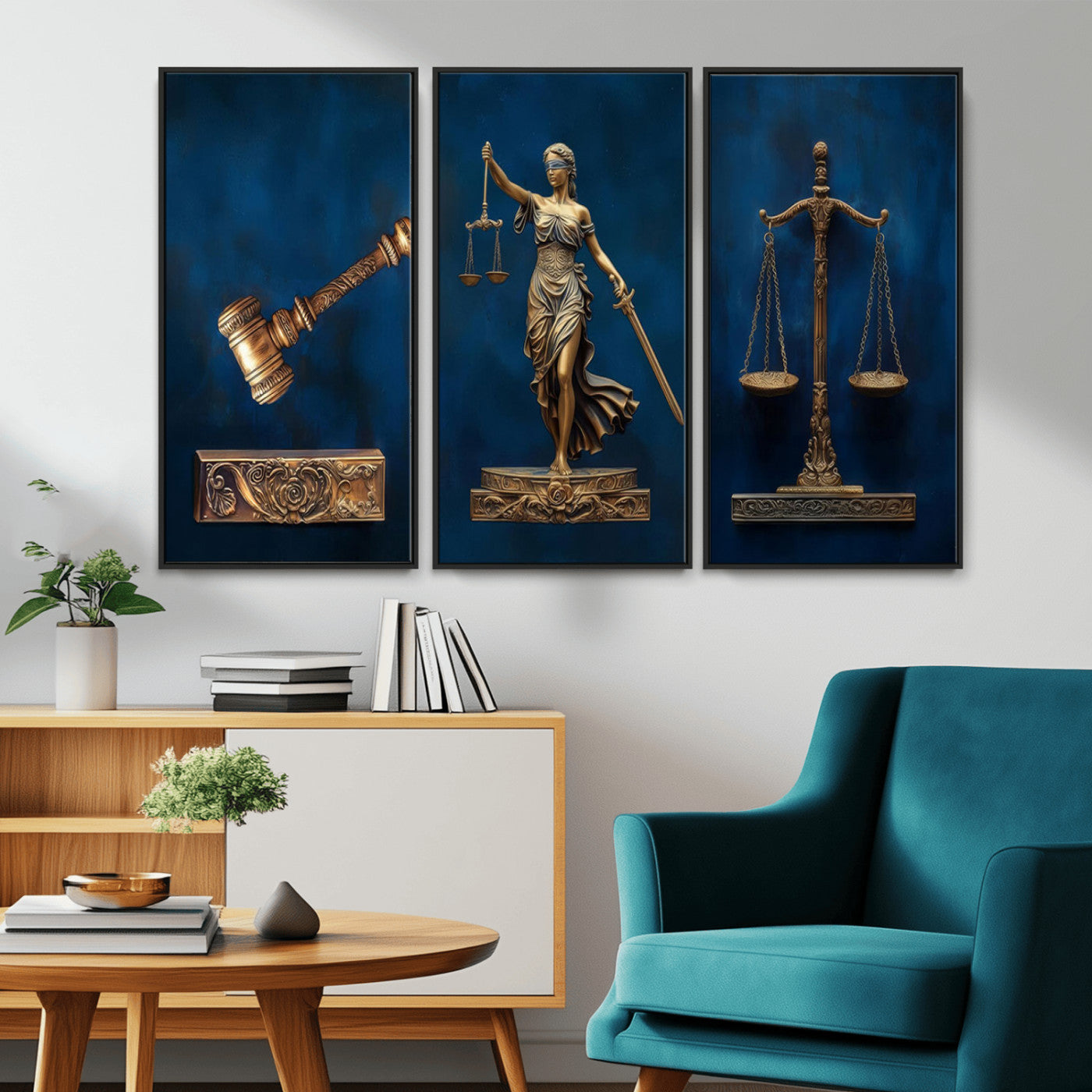 91629053-MGV-CV-36X24-Lady Justice Wall Art – Golden Gavel and Scales Canvas Print, Elegant Legal Office Decor for Lawyers, Judges, Courtroom or Study
