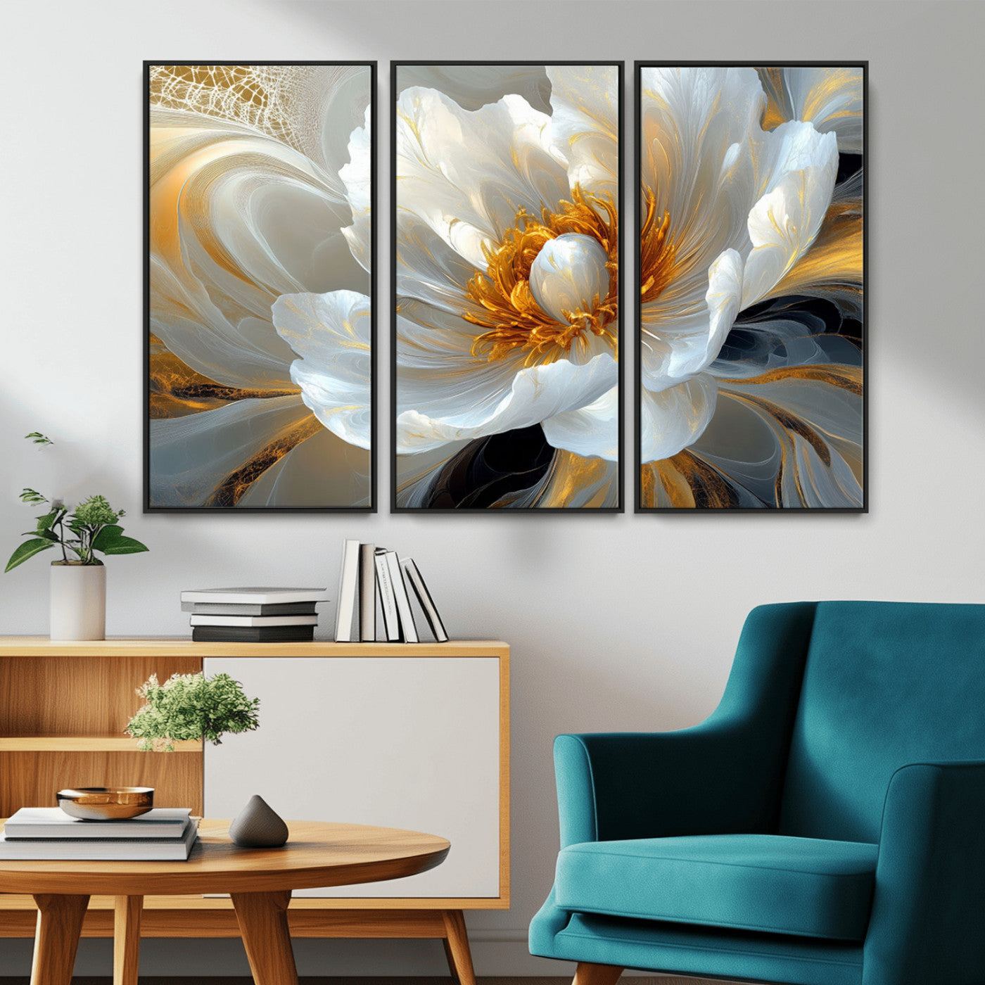 39604126-MGV-FC-48X32-3P_Black-Abstract Flower Wall Art – Elegant White and Gold Bloom Canvas Print, Modern Floral Artwork for Bedroom, Living Room, or Office