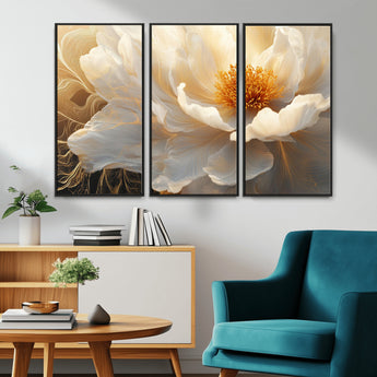 29539087-MGV-CV-36X24-Floral Wall Art – Elegant White and Gold Bloom Canvas Print, Romantic Modern Flower Artwork for Bedroom, Living Room, or Office