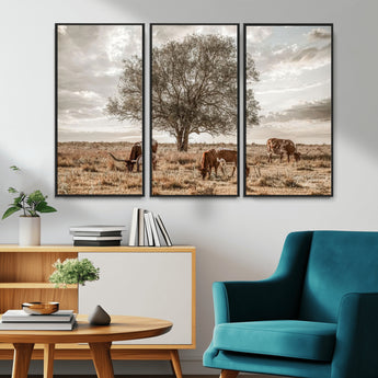 87590224-MGV-CV-36X24-Longhorn Cattle Wall Art – Rustic Western Landscape Canvas Print, Texas Farmhouse Prairie Scene for Living Room, Office, or Ranch