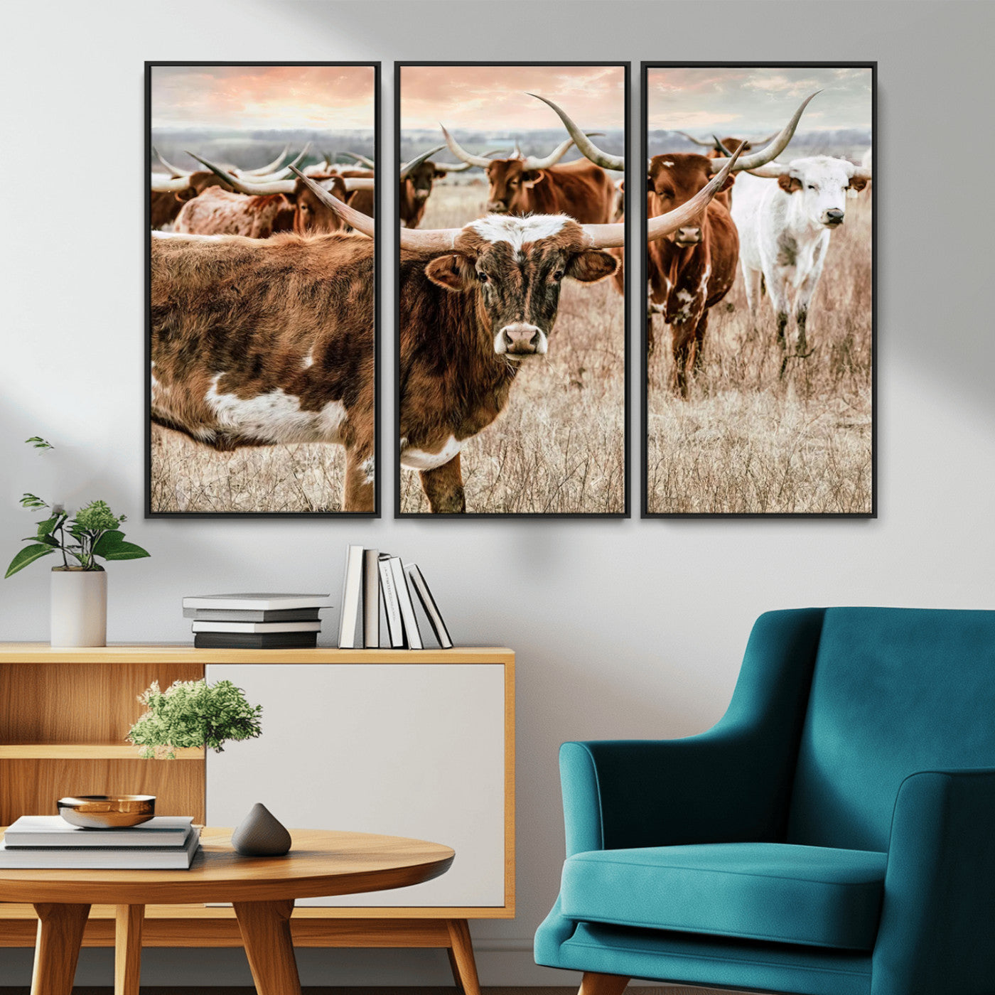 47758300-MGV-CV-36X24-Texas Longhorn Cattle Wall Art – Rustic Western Herd Canvas Print, Cowboy Ranch Farmhouse Decor for Living Room, Office, or