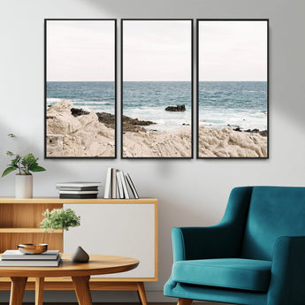 25481980-MGV-CV-36X24-Ocean Coastal Wall Art – Rocky Shoreline and Waves Canvas Print, Serene Beach Landscape Decor for Living Room, Bedroom, or Office