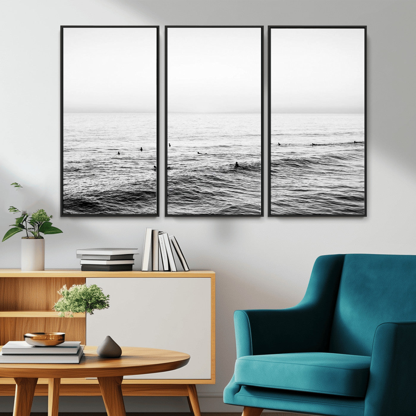 47208268-MGV-FC-48X32-3P_Black-Surfer Ocean Wall Art – Black and White Coastal Canvas Print, Minimalist Surfing Seascape Decor for Living Room, Bedroom, or Beach