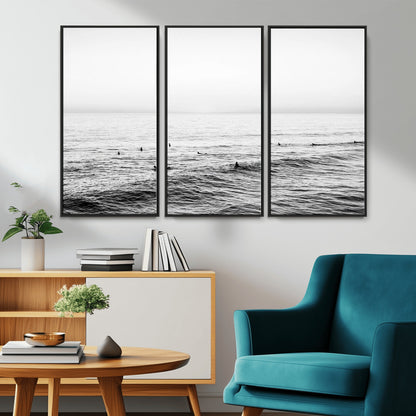 47208268-MGV-FC-48X32-3P_Black-Surfer Ocean Wall Art – Black and White Coastal Canvas Print, Minimalist Surfing Seascape Decor for Living Room, Bedroom, or Beach