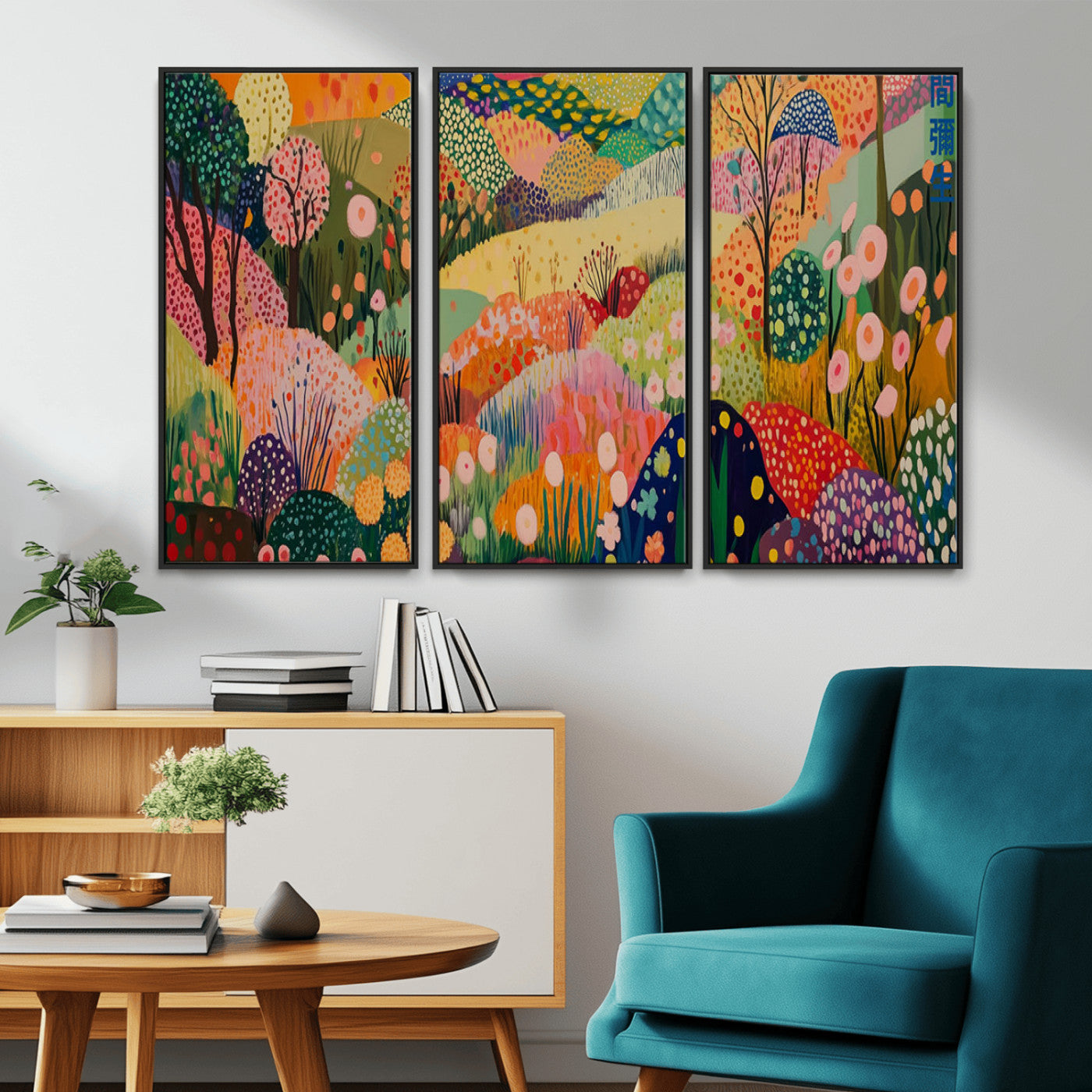 79636380-MGV-CV-36X24-Colorful Abstract Landscape Wall Art – Vibrant Hills and Flowers Canvas Print, Modern Whimsical Artwork for Living Room, Bedroom,