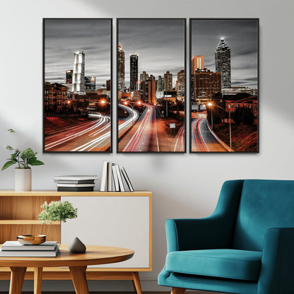 59097239-MGV-CV-36X24-City Skyline Wall Art – Modern Black and White Night Canvas Print with Red Light Trails, Urban Landscape Decor for Living Room or