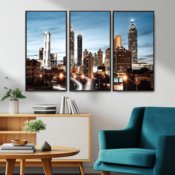 23859158-MGV-CV-36X24-Atlanta Skyline Wall Art – Modern Cityscape Canvas Print with Night Lights and Traffic Trails, Urban Decor for Office, Apartment,