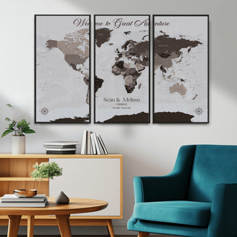 43749658-MGV-CV-36X24-Welcome to Great Adventure World Map Wall Art – Charcoal Gray Canvas Print, Rustic Travel Decor for Living Room, Study, Office or