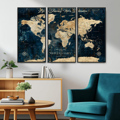 36970886-MGV-CV-36X24-Life is a Journey Not a Destination World Map Rustic Navy Beige Vintage Travel Wall Art Adventure Quote Canvas Print for Home