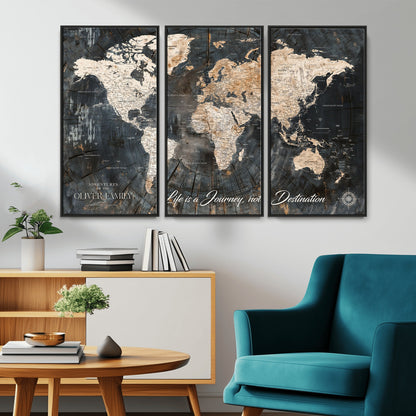 37848568-MGV-CV-36X24-Life is a Journey Not a Destination World Map Rustic Wood Texture Vintage Beige Navy Adventure Wall Art Canvas Print for Home
