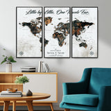 88337180-MGV-CV-36X24-Little by Little One Travels Far Tolkien Quote World Map Rustic Black Brown Adventure Wall Art Canvas Print for Home Office Living