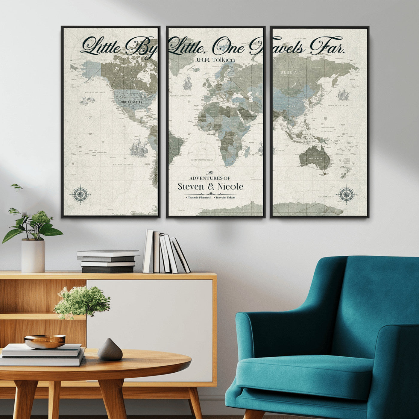 10693204-MGV-CV-36X24-Little By Little One Travels Far Tolkien Quote Blue Green World Map Adventure Wall Art Canvas Print Rustic Wanderlust Travel Decor