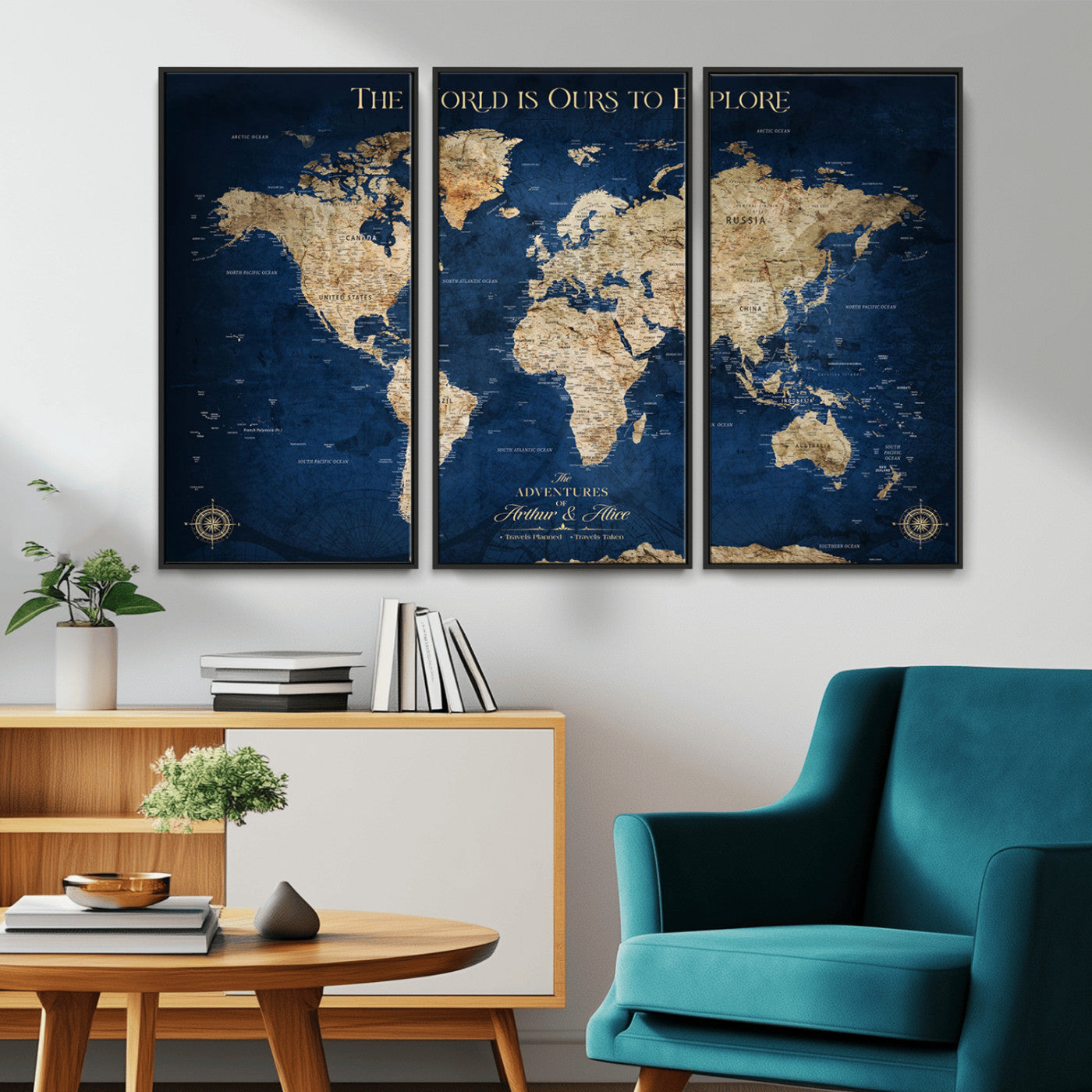 54782997-MGV-CV-36X24-The World is Ours to Explore Wall Art – Blue World Map Canvas Print, Adventure Travel Decor for Home, Office or Living Room,