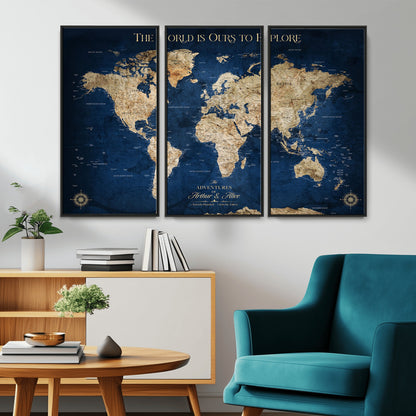 54782997-MGV-CV-36X24-The World is Ours to Explore Wall Art – Blue World Map Canvas Print, Adventure Travel Decor for Home, Office or Living Room,