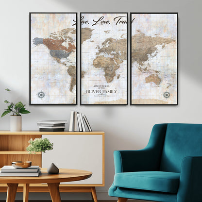 43924907-MGV-CV-36X24-Live Love Travel Wall Art – Neutral World Map Canvas Print, Rustic Adventure Decor for Home, Office or Living Room, Unique Gift