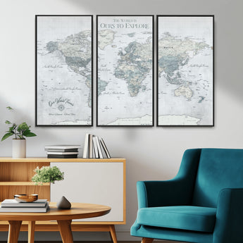 94249974-MGV-CV-36X24-Ours Explore World Map Wall Art – Modern Travel Canvas Print, Neutral Adventure Decor for Living Room, Office, Study, Bedroom,