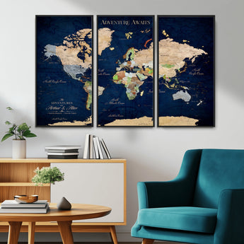 43160428-MGV-CV-36X24-Adventure Awaits Navy Blue World Map – Vibrant Travel Canvas Wall Art, Antique Atlas Print, Wanderlust Decor for Home Office