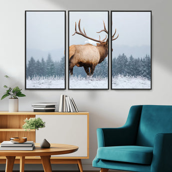 85177251-MGV-CV-36X24-Elk Wall Art – Majestic Wildlife Canvas Print of Bull Elk Snowy Forest, Rustic Nature Decor for Living Room, Cabin, or Office