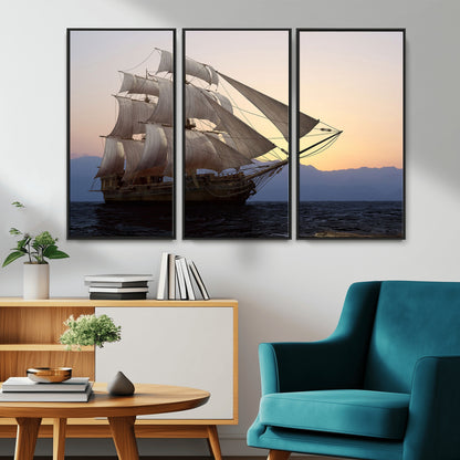 31270610-MGV-CV-36X24-Sailing Ship Wall Art – Sunset Seascape Canvas Print with Tall Ship at Sea, Nautical Ocean Decor for Living Room, Office, or
