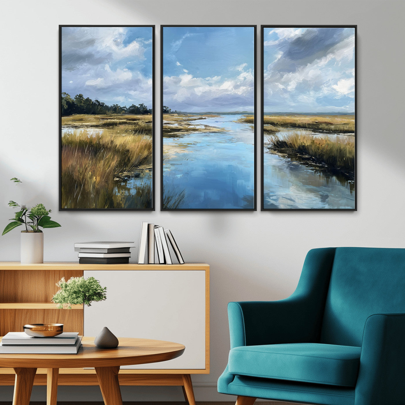 87082041-MGV-CV-36X24-Painted Marshland Canvas Wall Art – Serene Water Reflection, Blue Sky, Golden Grass Landscape, Calm Nature Decor for Home, Office,