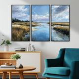 87082041-MGV-CV-36X24-Painted Marshland Canvas Wall Art – Serene Water Reflection, Blue Sky, Golden Grass Landscape, Calm Nature Decor for Home, Office,
