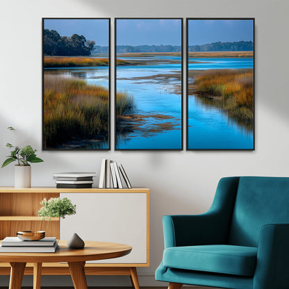 26300004-MGV-CV-36X24-Tranquil Marshland Canvas Wall Art – Blue Water, Reflective Sky, Golden Grasses, Calm Nature Landscape, Scenic Outdoor Beauty for