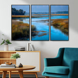 26300004-MGV-CV-36X24-Marshland Landscape Wall Art – Scenic Nature Canvas Print with Golden Grass and Blue Water, Peaceful River Photography for Living