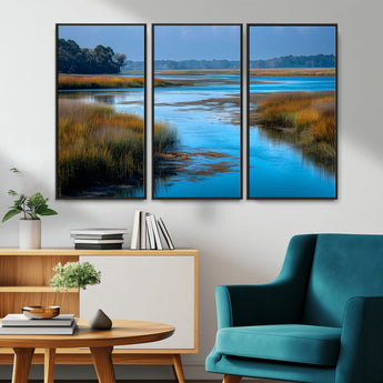 26300004-MGV-CV-36X24-Marshland Landscape Wall Art – Scenic Nature Canvas Print with Golden Grass and Blue Water, Peaceful River Photography for Living