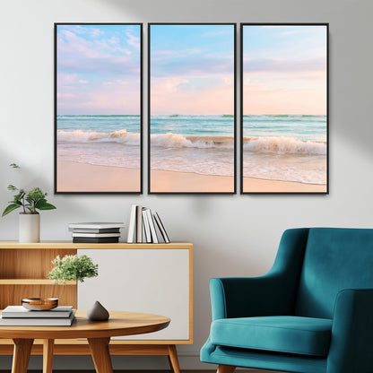 88024944-MGV-CV-36X24-Beach Landscape Wall Art – Coastal Ocean Canvas Print with Gentle Waves and Pastel Sky, Serene Seascape Photography for Living