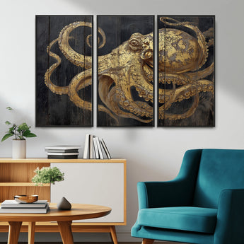 47056538-MGV-CV-36X24-Octopus Canvas Wall Art – Gold Detail, Wooden Texture, Marine Life, Ocean Creature Tentacles, Nautical Coastal Rustic Decor for
