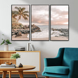 18005328-MGV-CV-36X24-Tropical Beach Wall Art – Coastal Ocean Canvas Print with Palm Tree, Sunset Sky and Rocky Shore, Serene Seascape Photography for