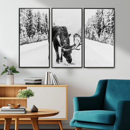 38956835-MGV-CV-36X24-Moose Wall Art – Black and White Wildlife Canvas Print with Snowy Forest Road, Rustic Nature Photography for Cabin, Lodge, Living