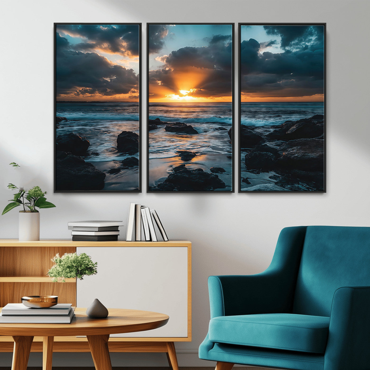 66040852-MGV-CV-36X24-Ocean Sunset Canvas Wall Art – Rocky Shore Waves, Dramatic Clouds, Golden Sun Rays, Coastal Nature, Serene Water Reflection for
