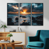66040852-MGV-CV-36X24-Ocean Sunset Canvas Wall Art – Rocky Shore Waves, Dramatic Clouds, Golden Sun Rays, Coastal Nature, Serene Water Reflection for