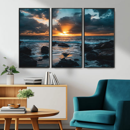 66040852-MGV-CV-36X24-Ocean Sunset Canvas Wall Art – Rocky Shore Waves, Dramatic Clouds, Golden Sun Rays, Coastal Nature, Serene Water Reflection for