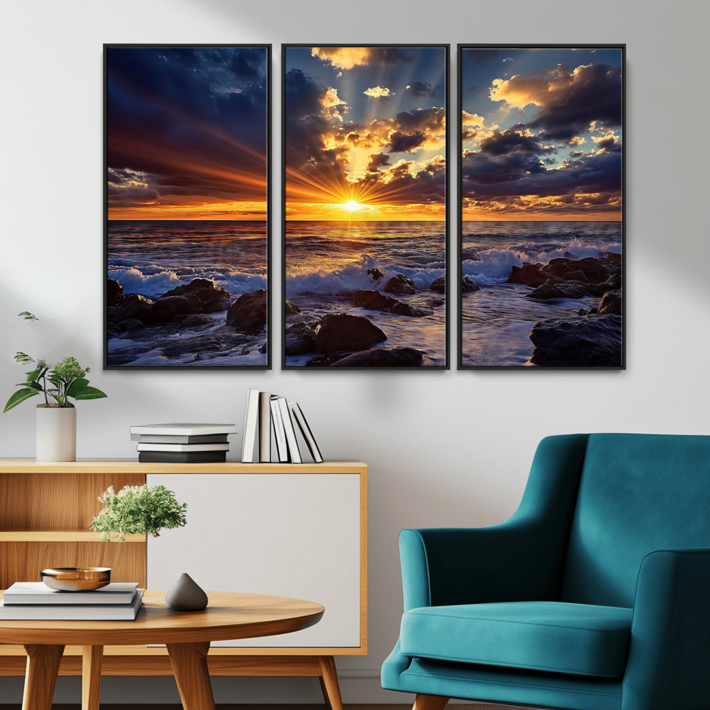 35900590-MGV-CV-36X24-Ocean Sunset Wall Art – Vivid Seascape Canvas Print with Sunburst Sky, Crashing Waves and Rocky Shore, Dramatic Coastal