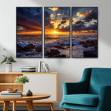 35900590-MGV-CV-36X24-Ocean Sunset Wall Art – Vivid Seascape Canvas Print with Sunburst Sky, Crashing Waves and Rocky Shore, Dramatic Coastal
