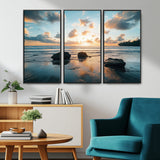 23879436-MGV-CV-36X24-Ocean Sunset Wall Art – Serene Seascape Canvas Print with Golden Sky, Reflections on Sand and Calm Waves, Peaceful Coastal